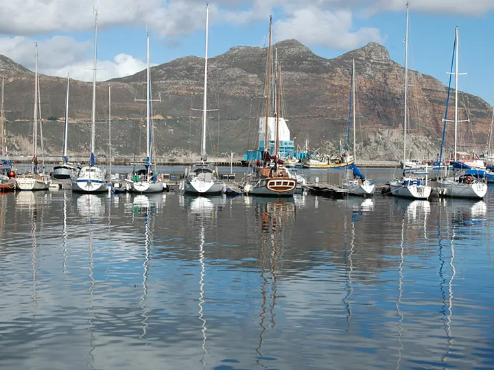 Yachts moored in Hout Bay harbour beneath the mountains