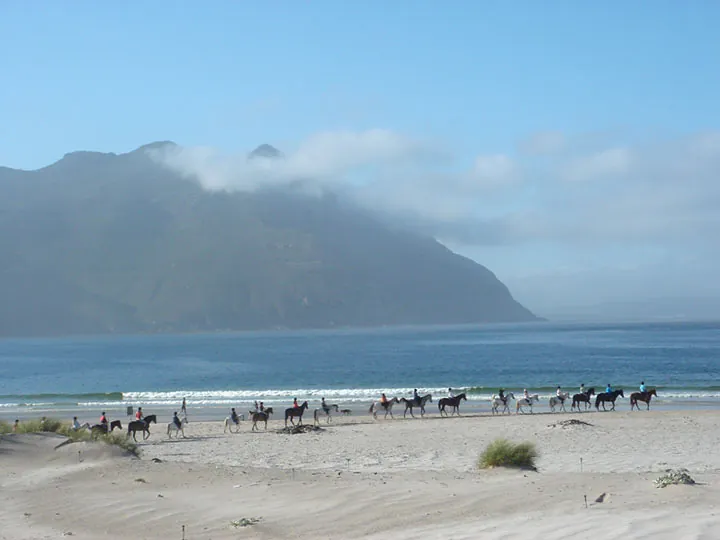 Horse riders on Hout Bay beach with the mountain behind