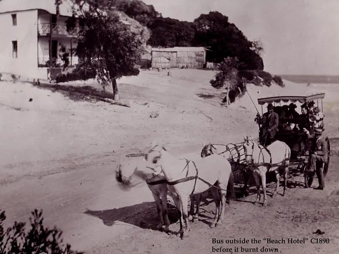 A horse-drawn bus outside the original Beach Hotel, around 1890