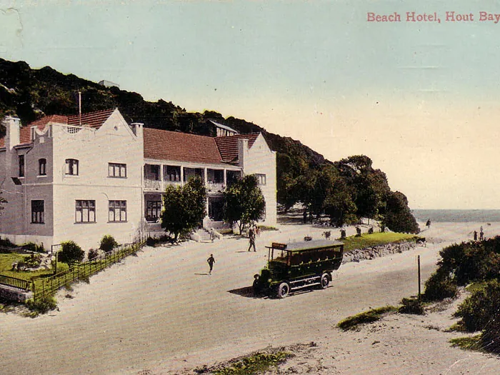 A hand-coloured postcard of the Beach Hotel in Hout Bay, early 1900s